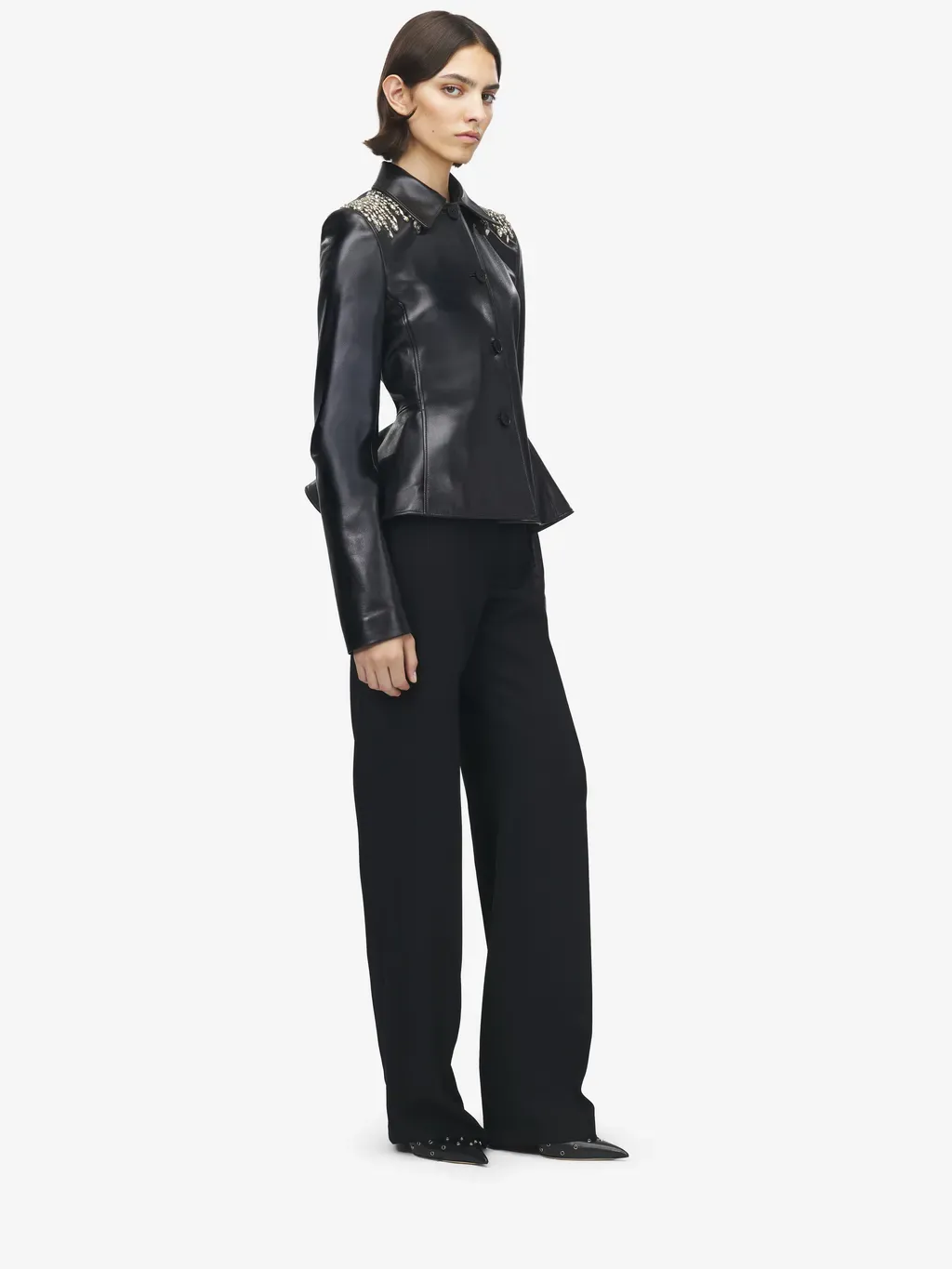 Crystal Embroidery Leather Peplum Jacket