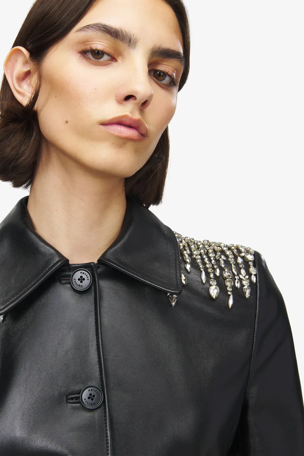 Crystal Embroidery Leather Peplum Jacket