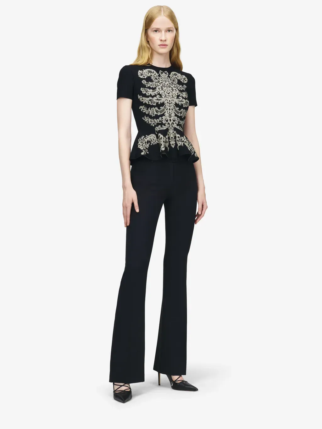Lace Ribcage Jacquard Peplum Top