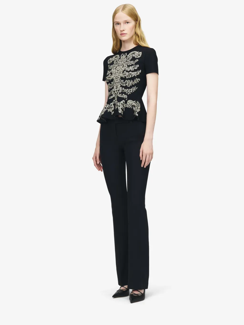 Lace Ribcage Jacquard Peplum Top