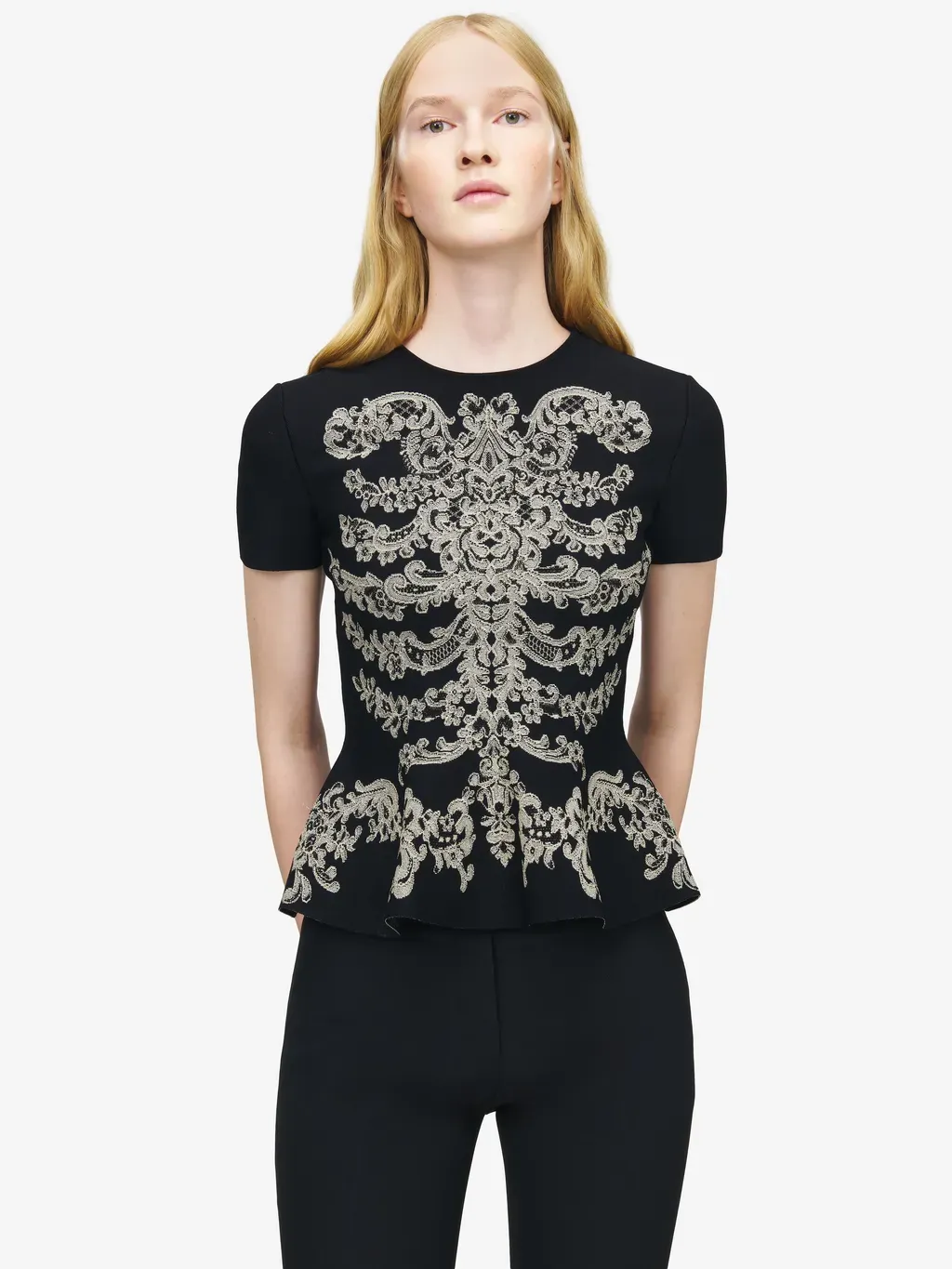 Lace Ribcage Jacquard Peplum Top