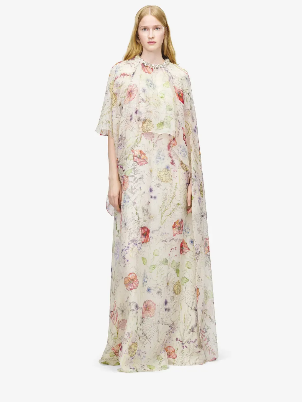 Meadow Floral Print Asymmetric Cape Dress