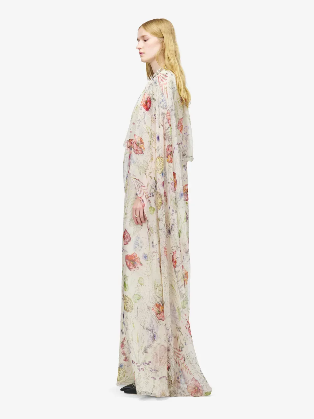 Meadow Floral Print Asymmetric Cape Dress