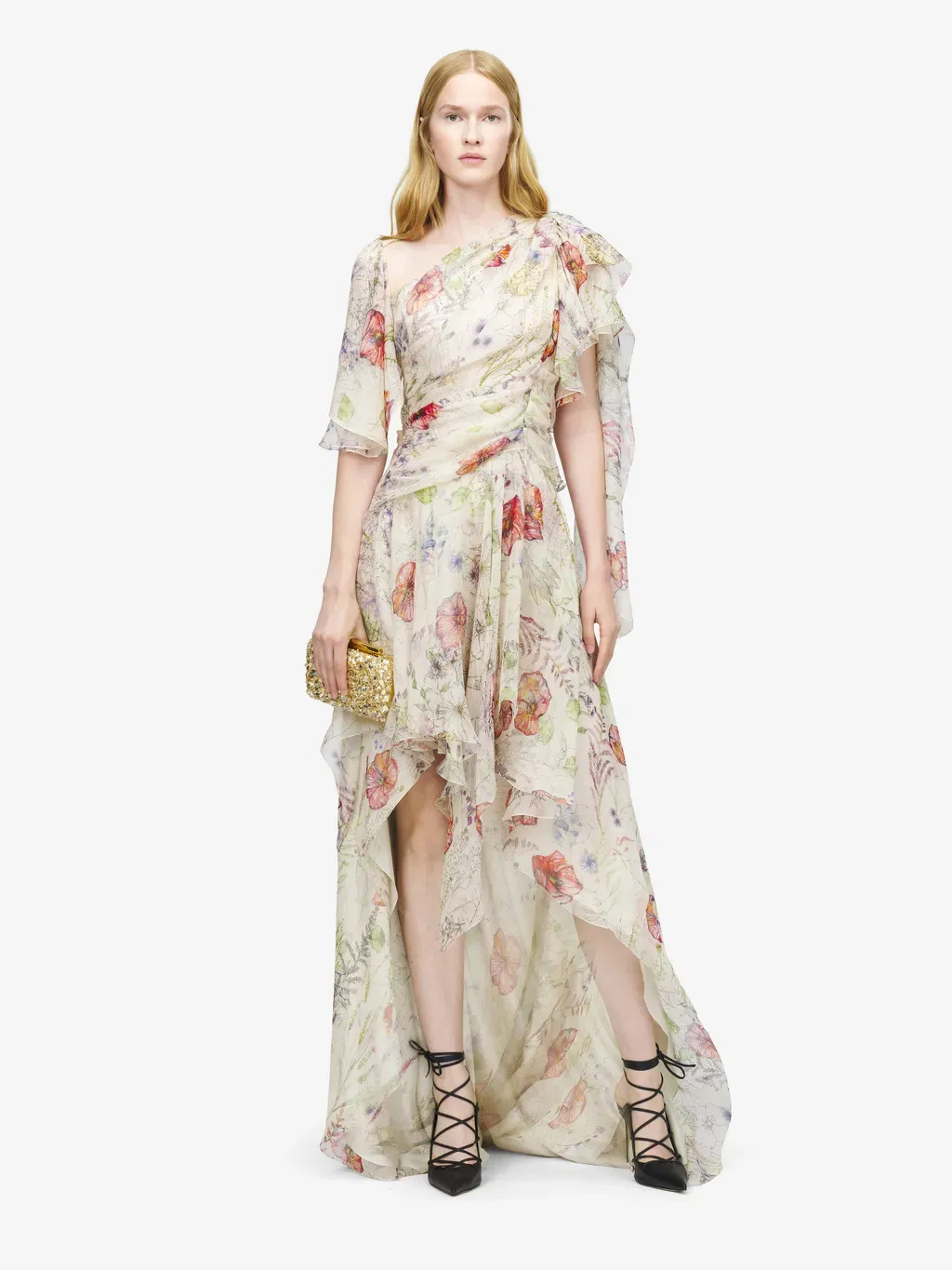 Meadow Floral Print Asymmetric Evening Dress