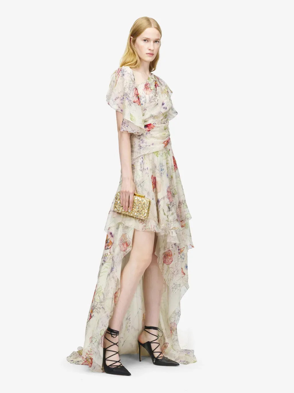 Meadow Floral Print Asymmetric Evening Dress