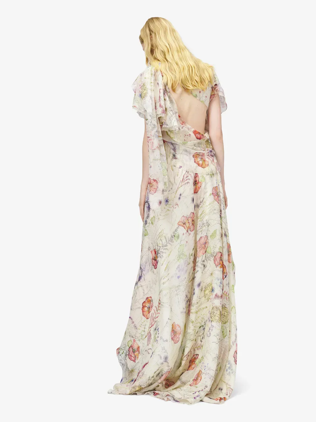 Meadow Floral Print Asymmetric Evening Dress