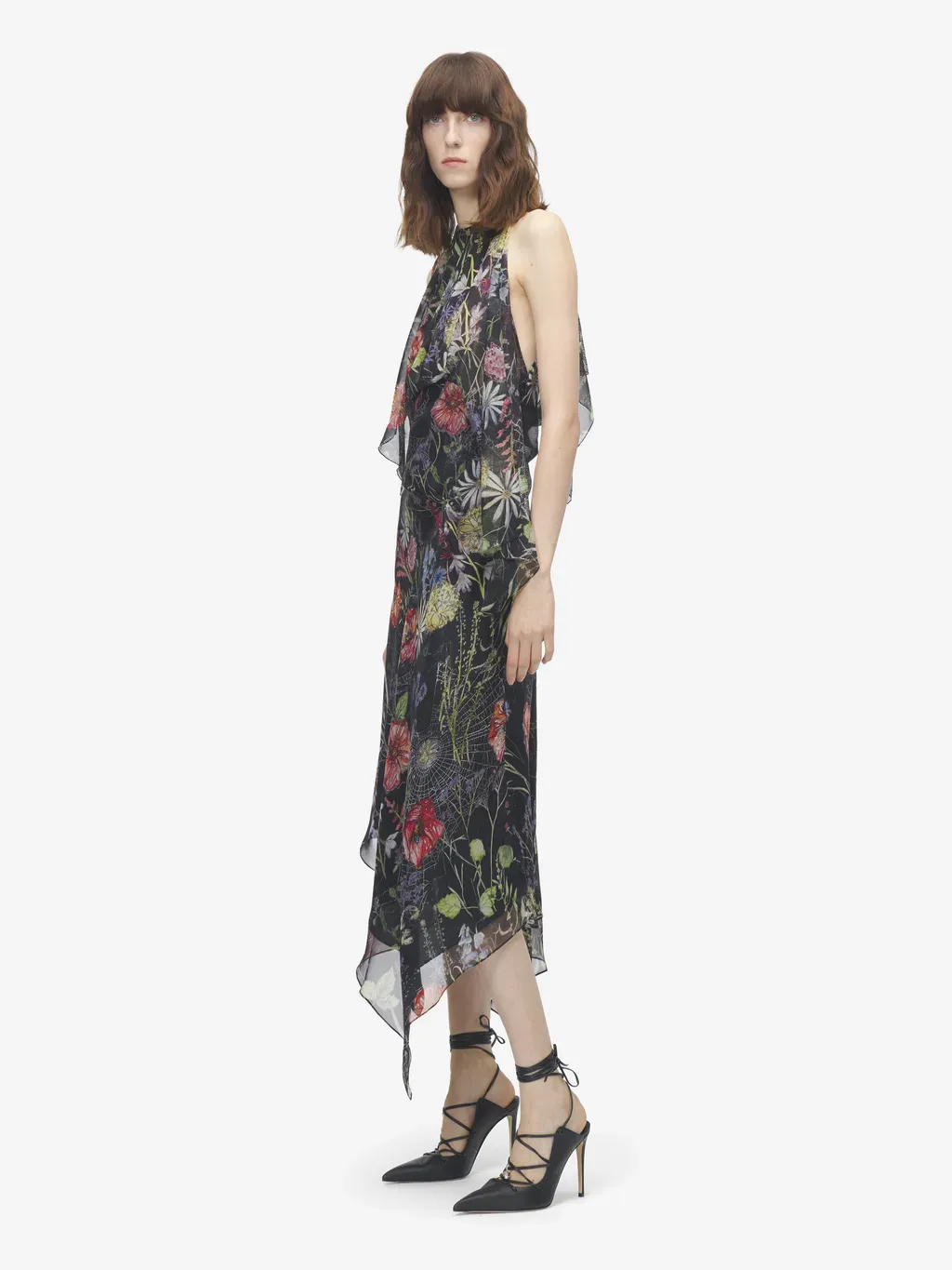 Meadow Floral Print Asymmetric Evening Dress