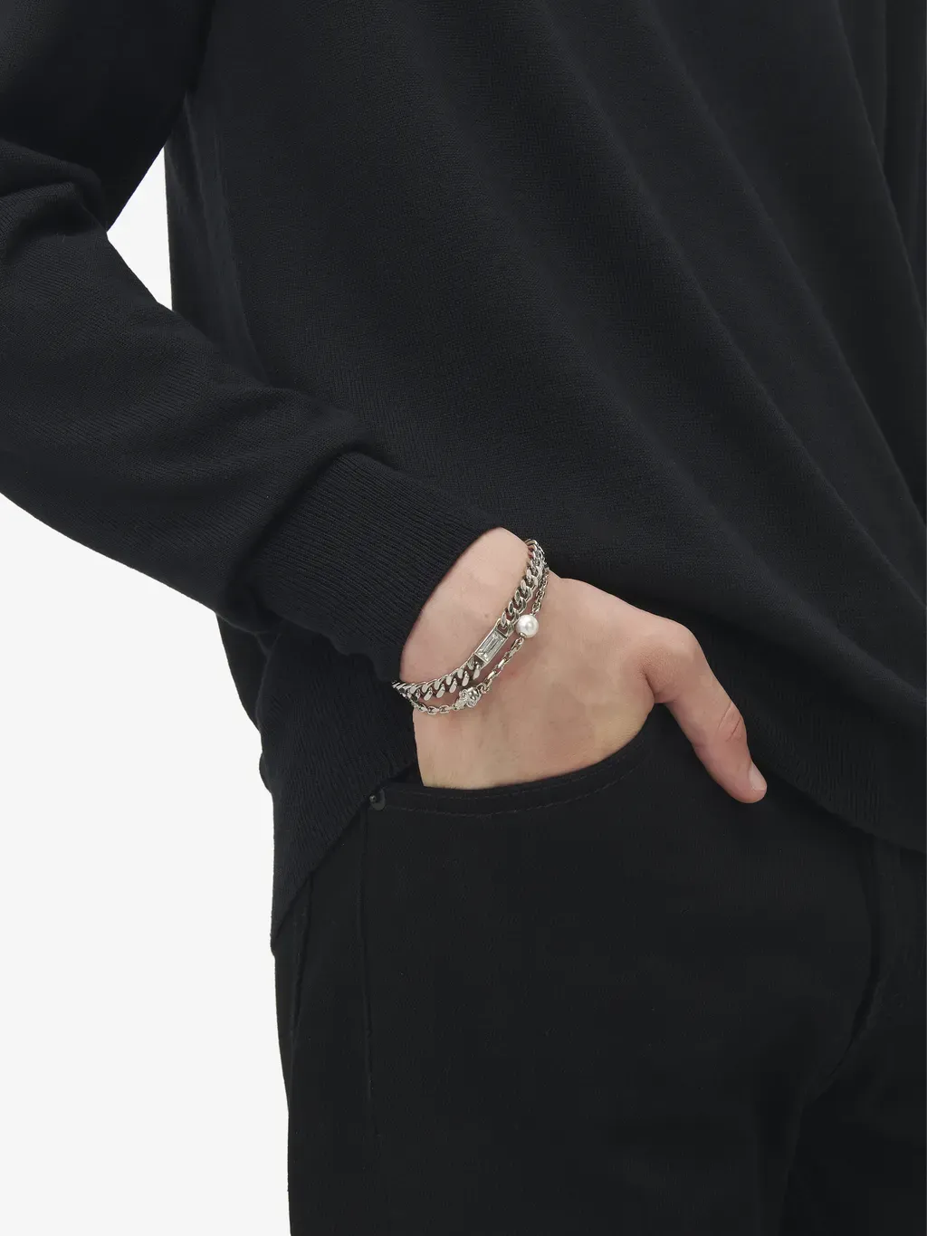 Skull & Pearl Layered Chain Bracelet