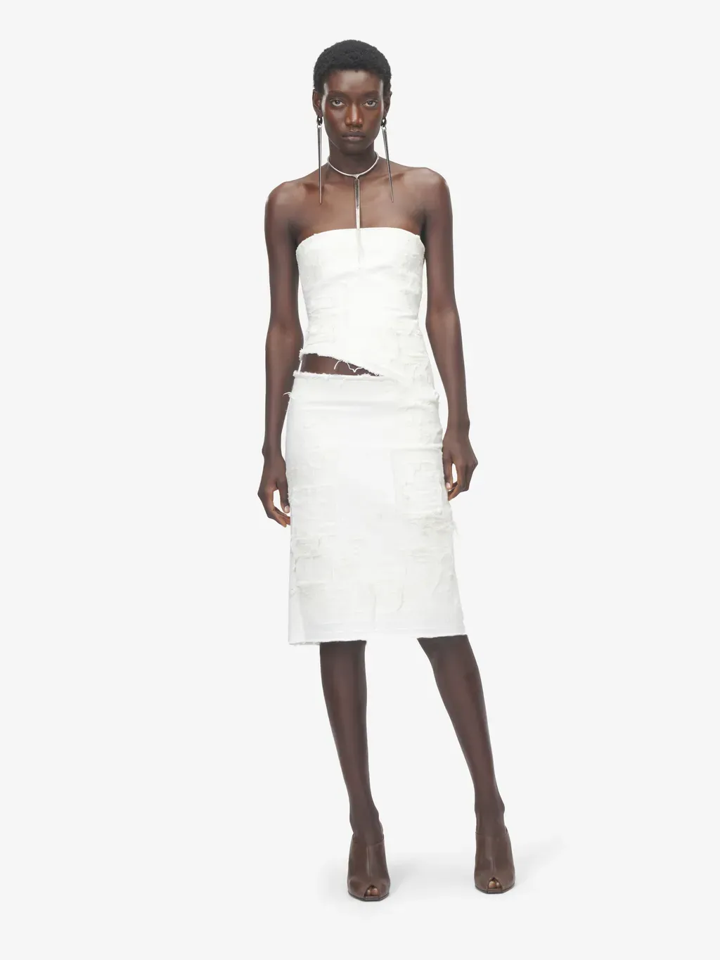 Slashed Denim Strapless Dress