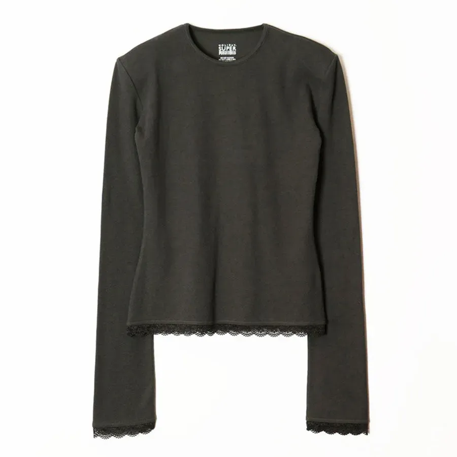 Super Rib Padded Shoulder Lace Crew-Neck L/S Tops