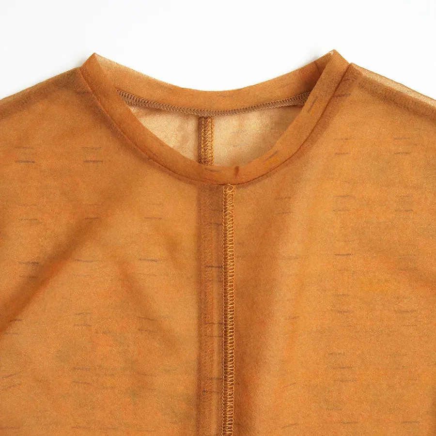 Marble Printed Plaid Sheer Crew Neck Top