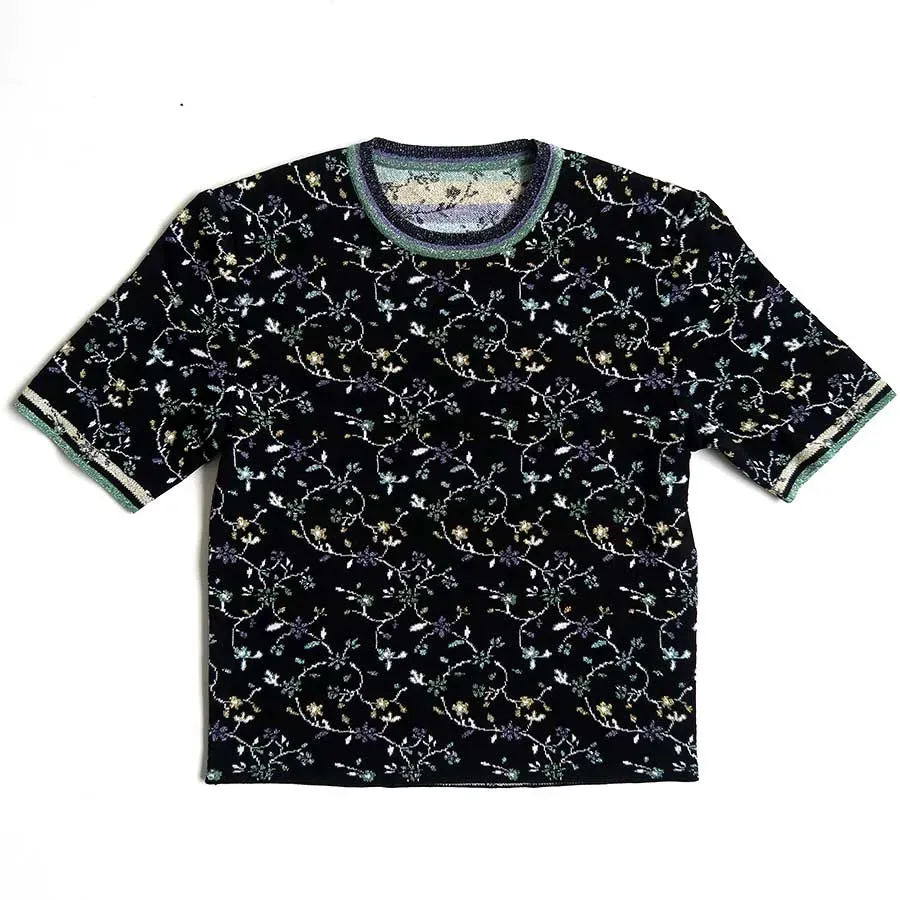 Floral Motif Glitter Short Sleeve Knit Top