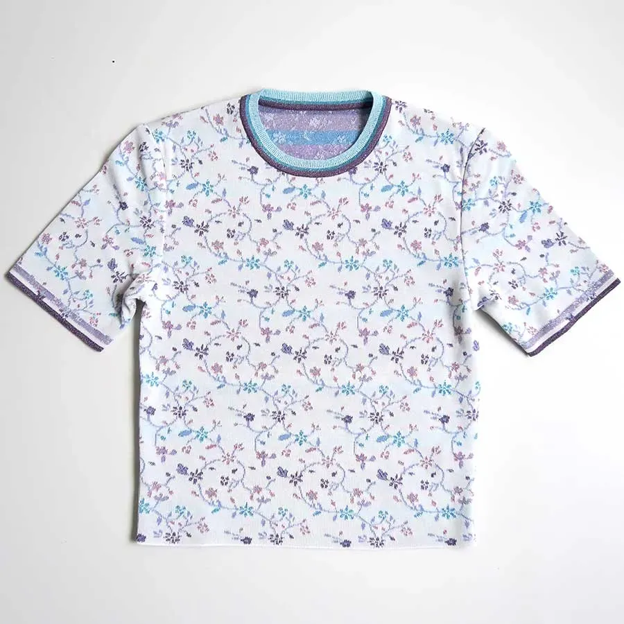 Floral Motif Glitter Short Sleeve Knit Top
