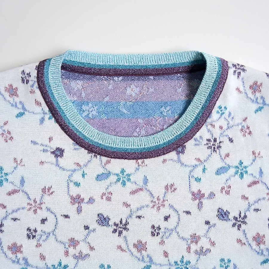 Floral Motif Glitter Short Sleeve Knit Top