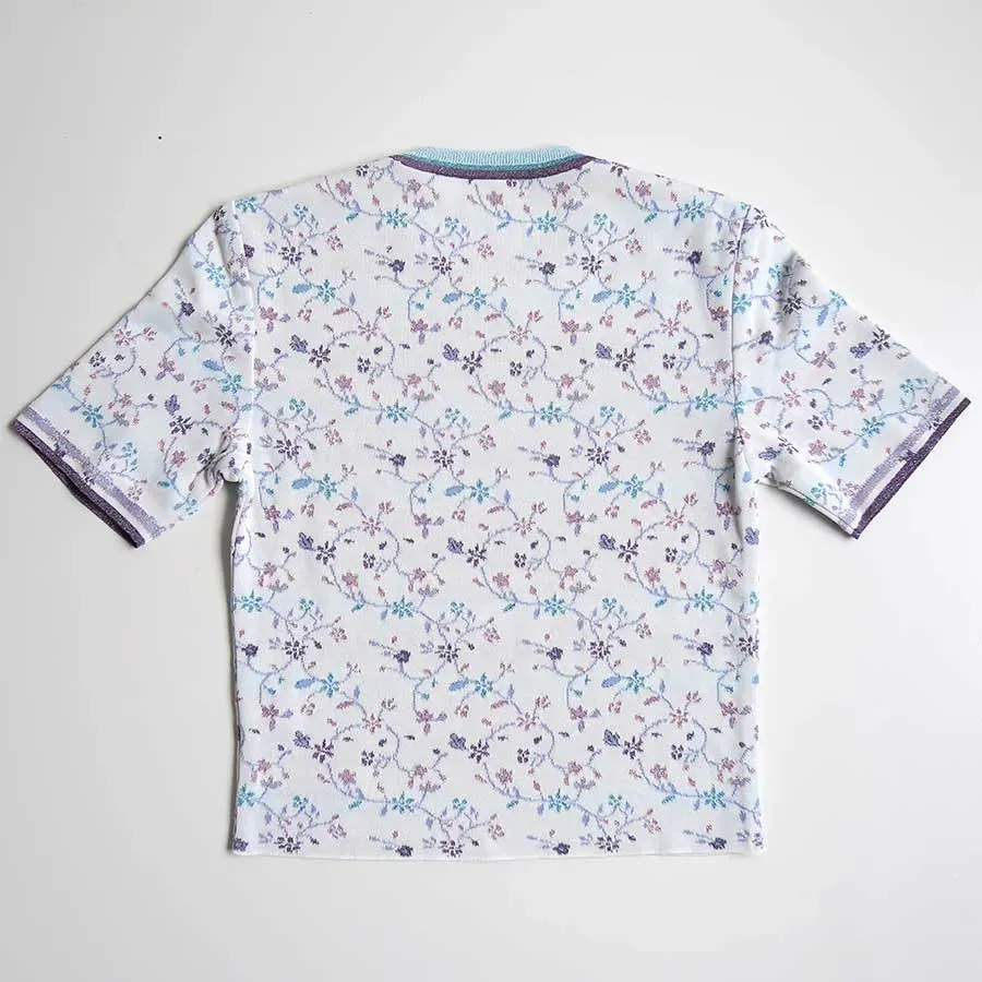 Floral Motif Glitter Short Sleeve Knit Top