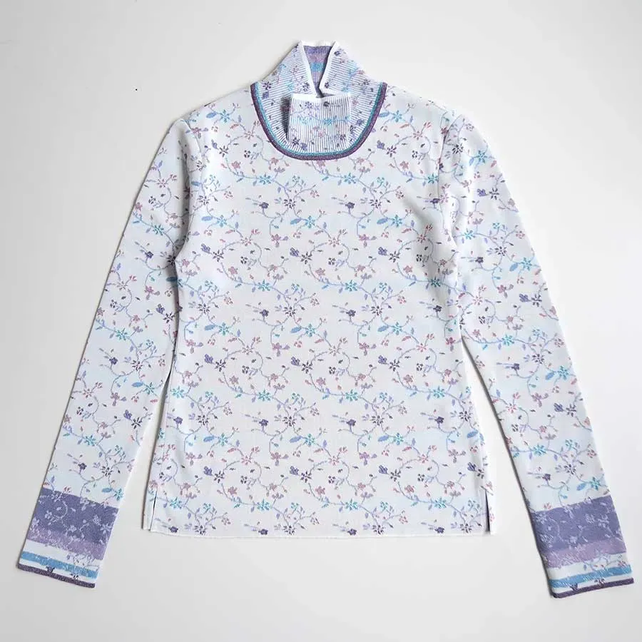 Floral Motif Glitter High Neck Knit Top