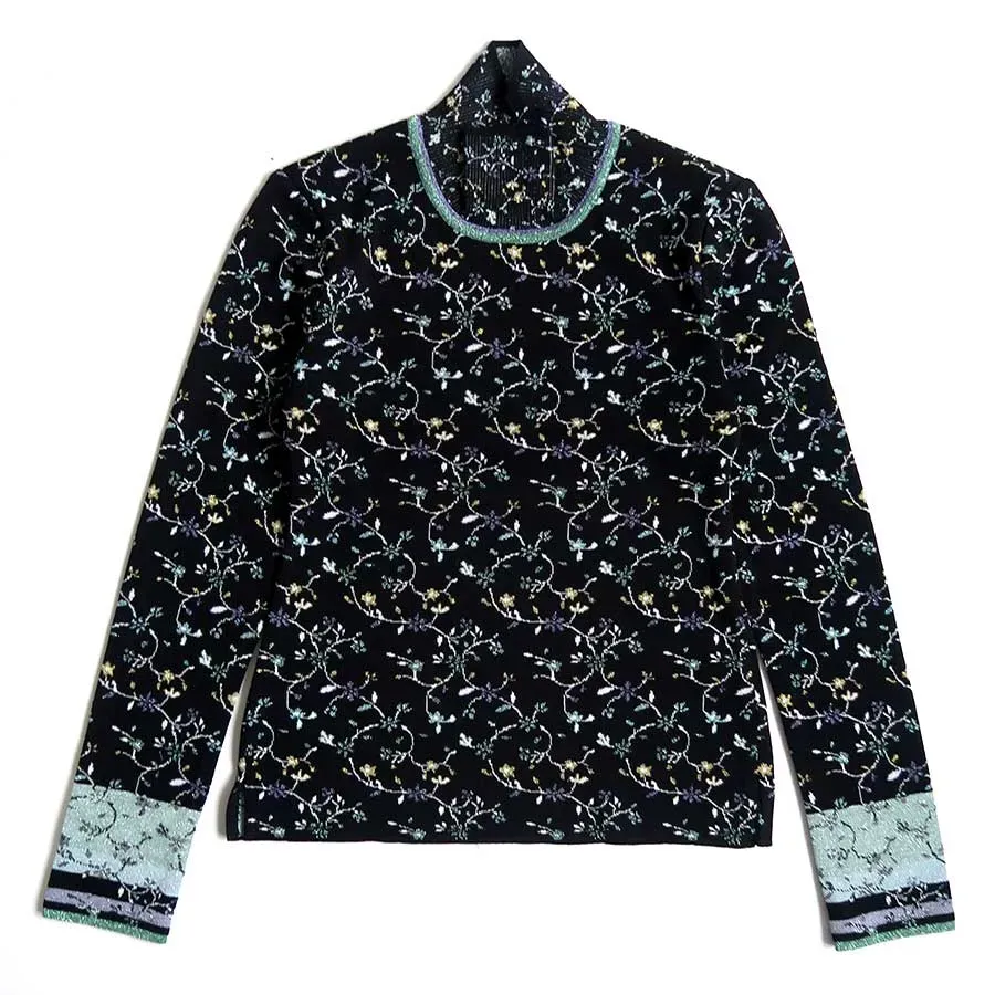 Floral Motif Glitter High Neck Knit Top