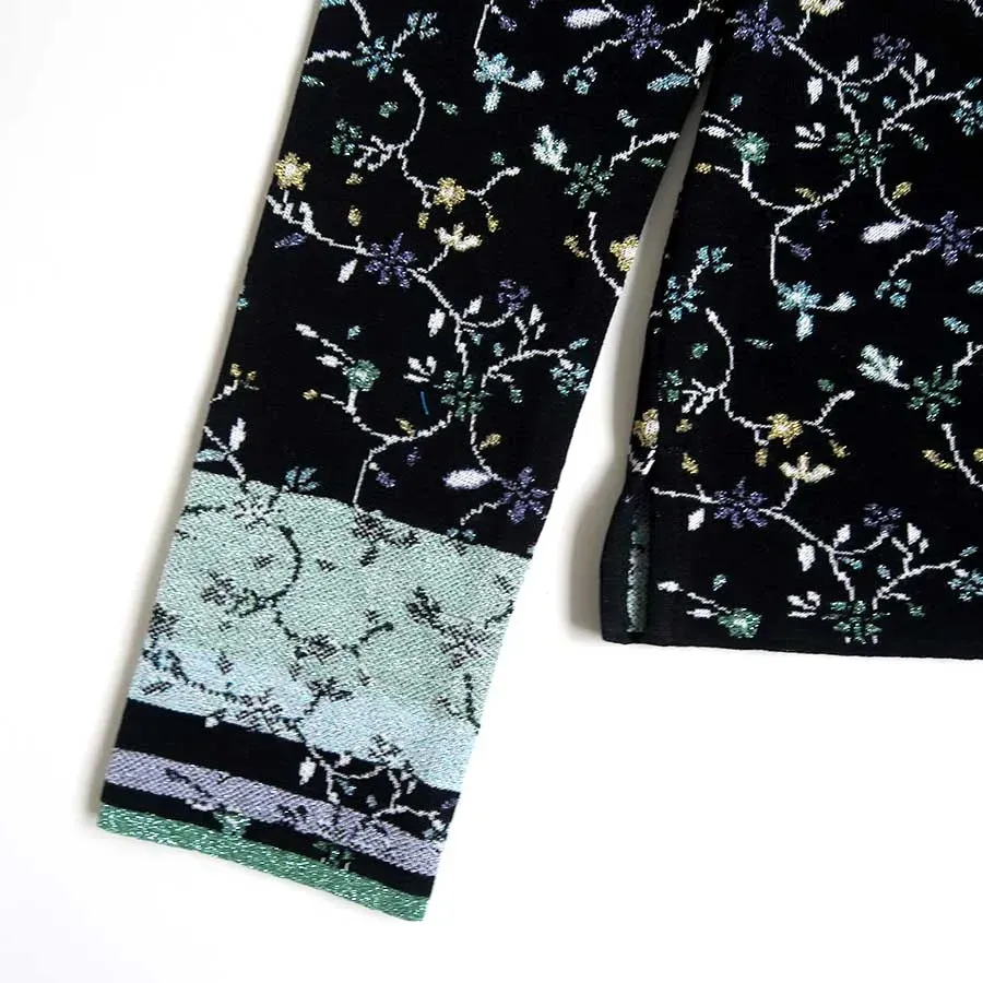 Floral Motif Glitter High Neck Knit Top