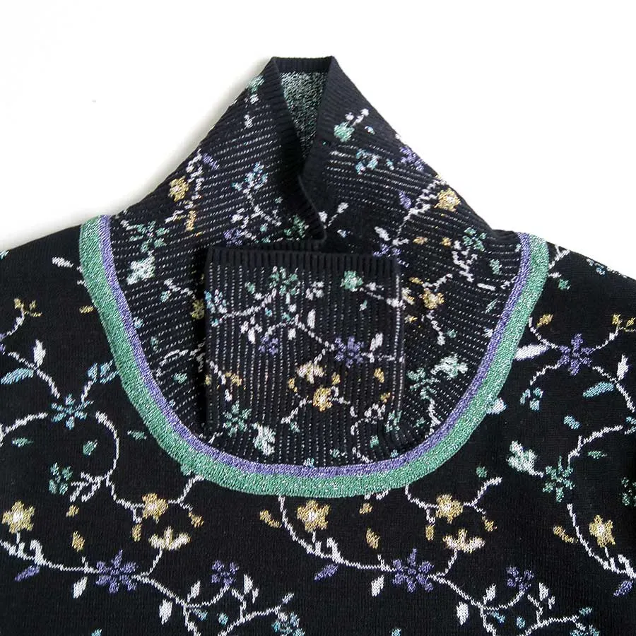 Floral Motif Glitter High Neck Knit Top