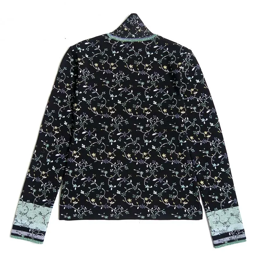 Floral Motif Glitter High Neck Knit Top