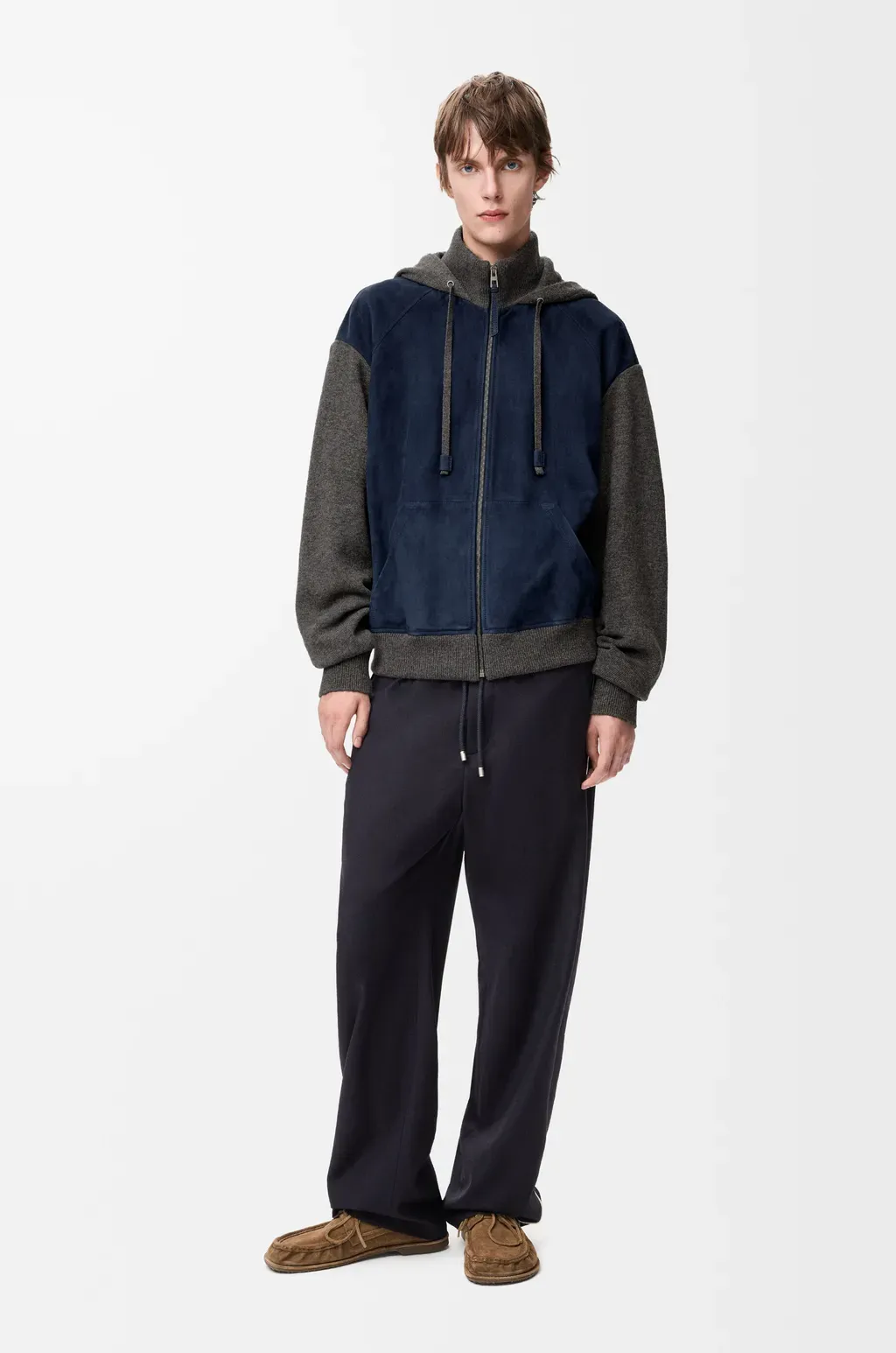 Hybrid Zip-Up Hoodie In Suede Goatskin And Wool Blend