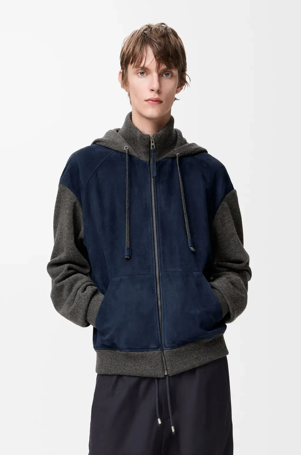 Hybrid Zip-Up Hoodie In Suede Goatskin And Wool Blend
