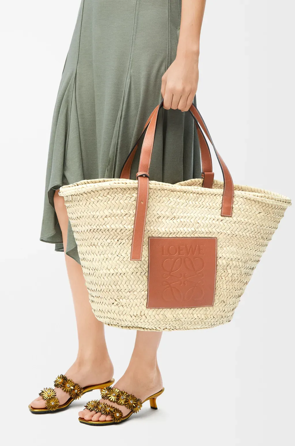 Large Classic Basket In Palm Leaf And Calfskin
