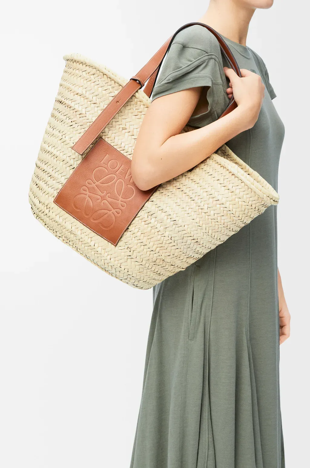 Large Classic Basket In Palm Leaf And Calfskin