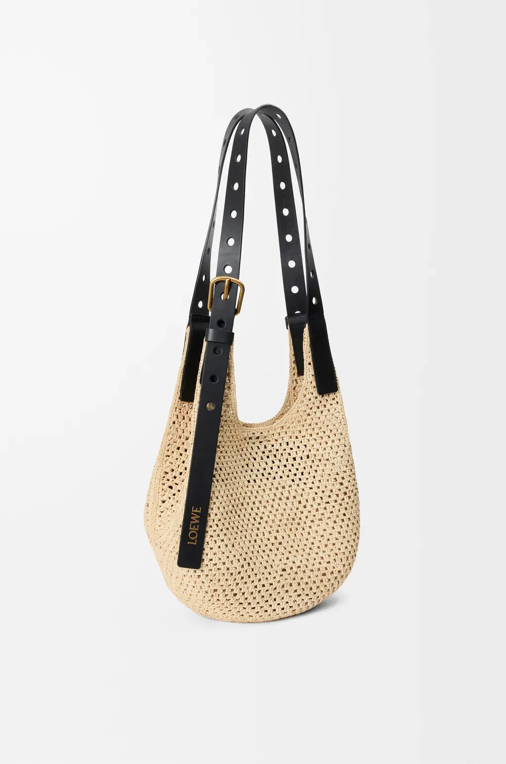 Small Punch Hole Hobo In Raffia And Calfskin