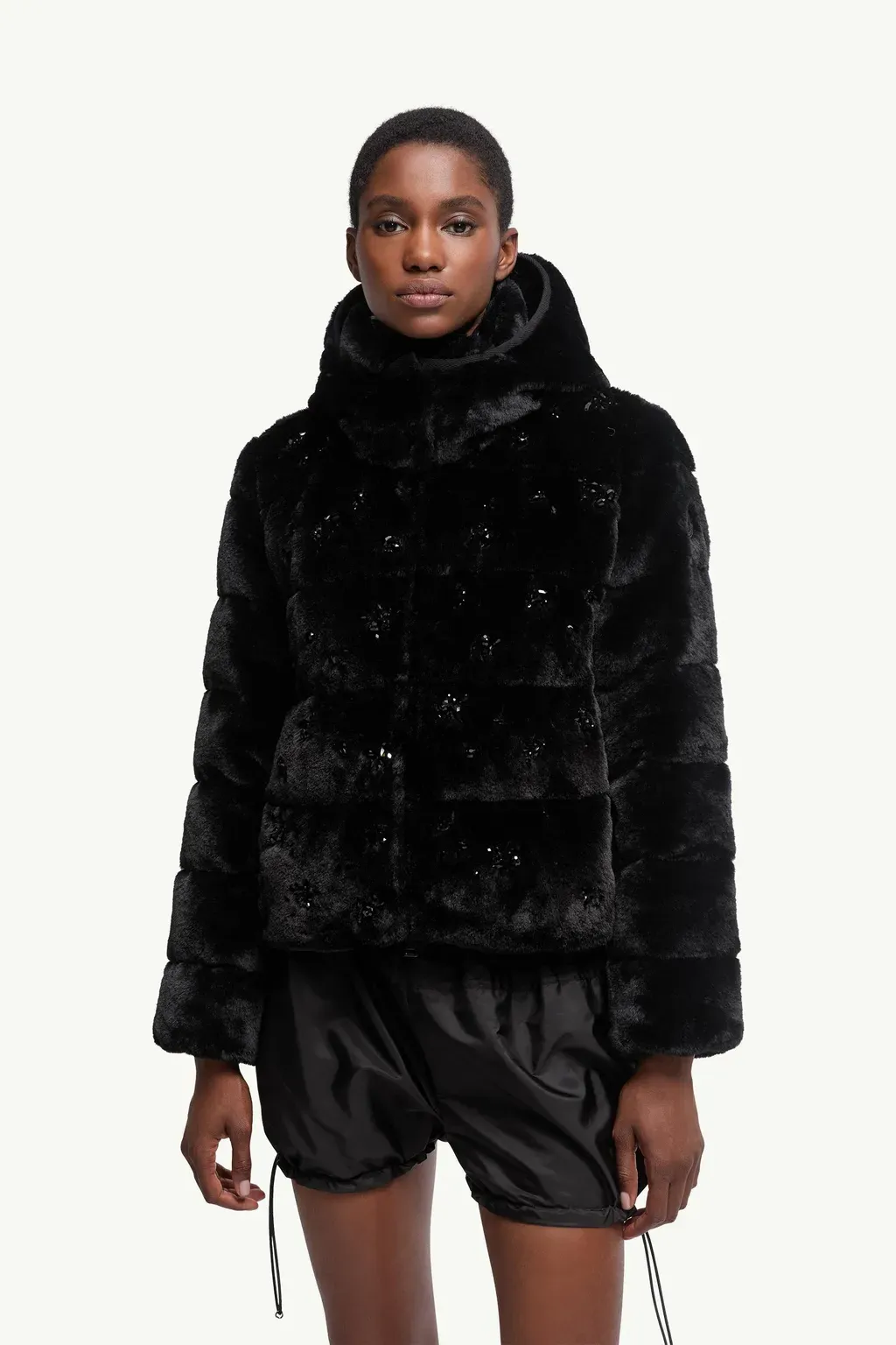 Andronne Sequin-Embroidered Hooded Short Down Jacket