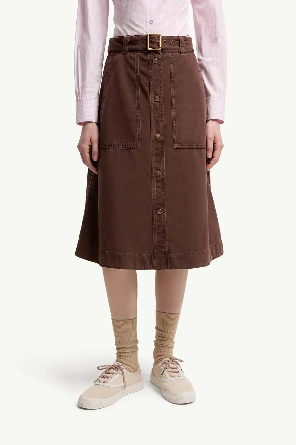 Belted Knee-Length Cotton Skirt