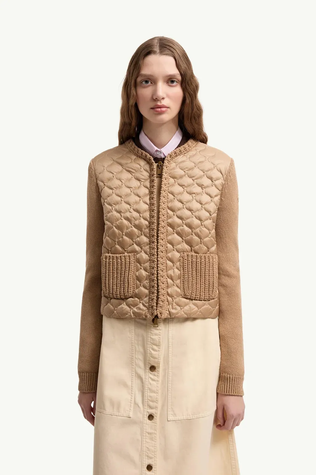 Geometric-Quilted Padded Zip-Up Cardigan