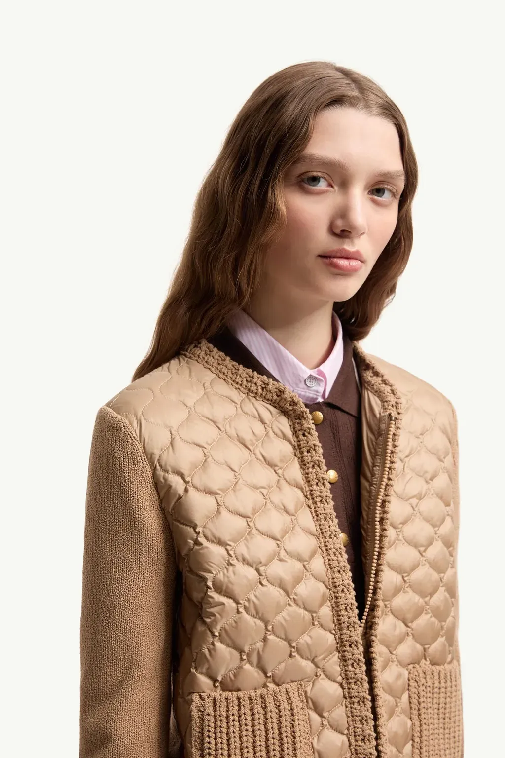 Geometric-Quilted Padded Zip-Up Cardigan