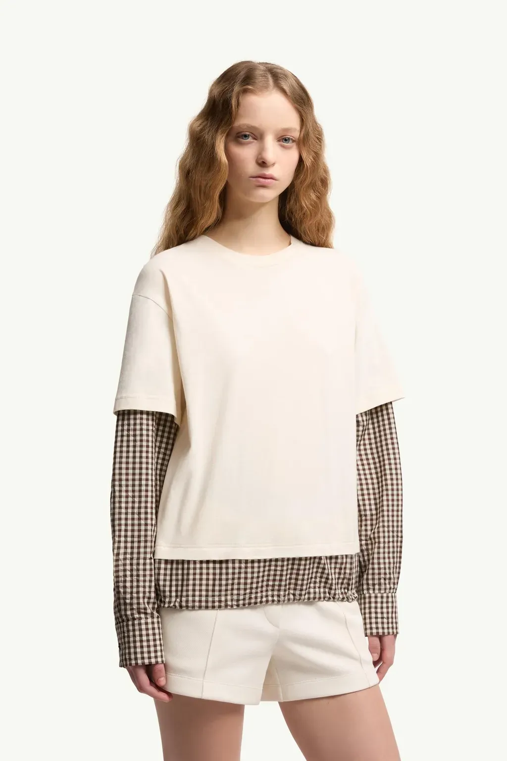 Layered-Effect Vichy Cotton Blend T-Shirt