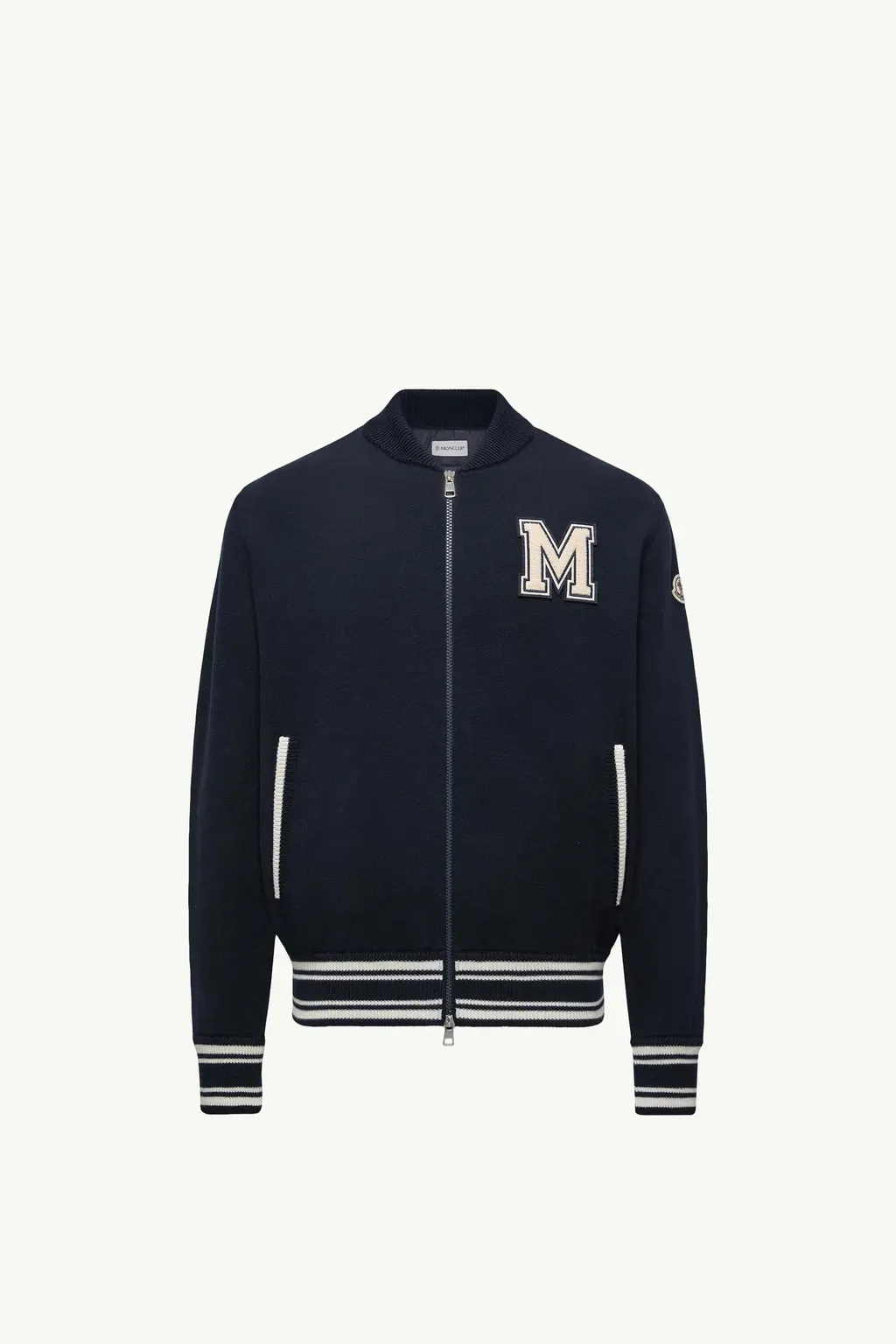 Embroidered Monogram Padded Zip-Up Wool Blend Cardigan