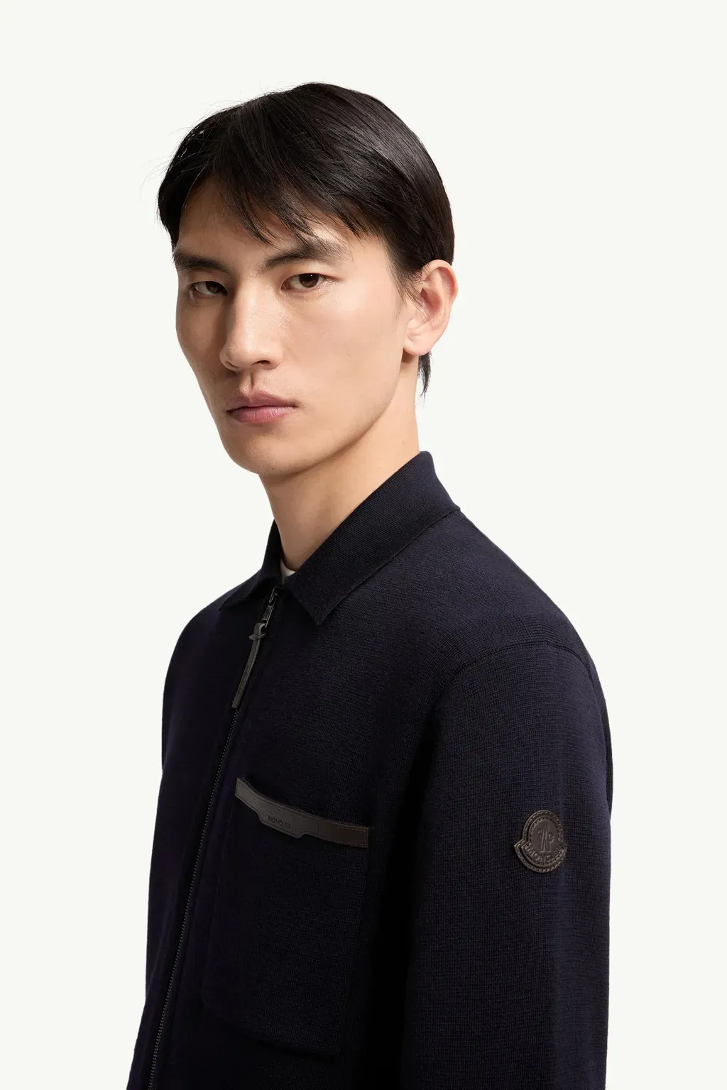 Leather Logo Wool Zip-Up Cardigan