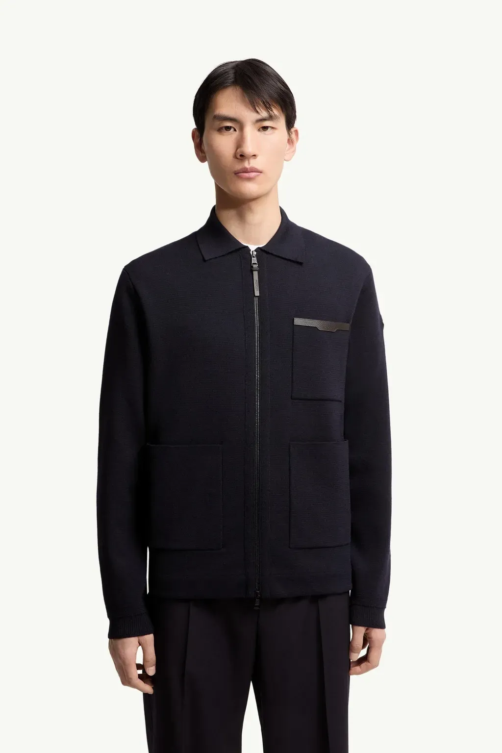 Leather Logo Wool Zip-Up Cardigan