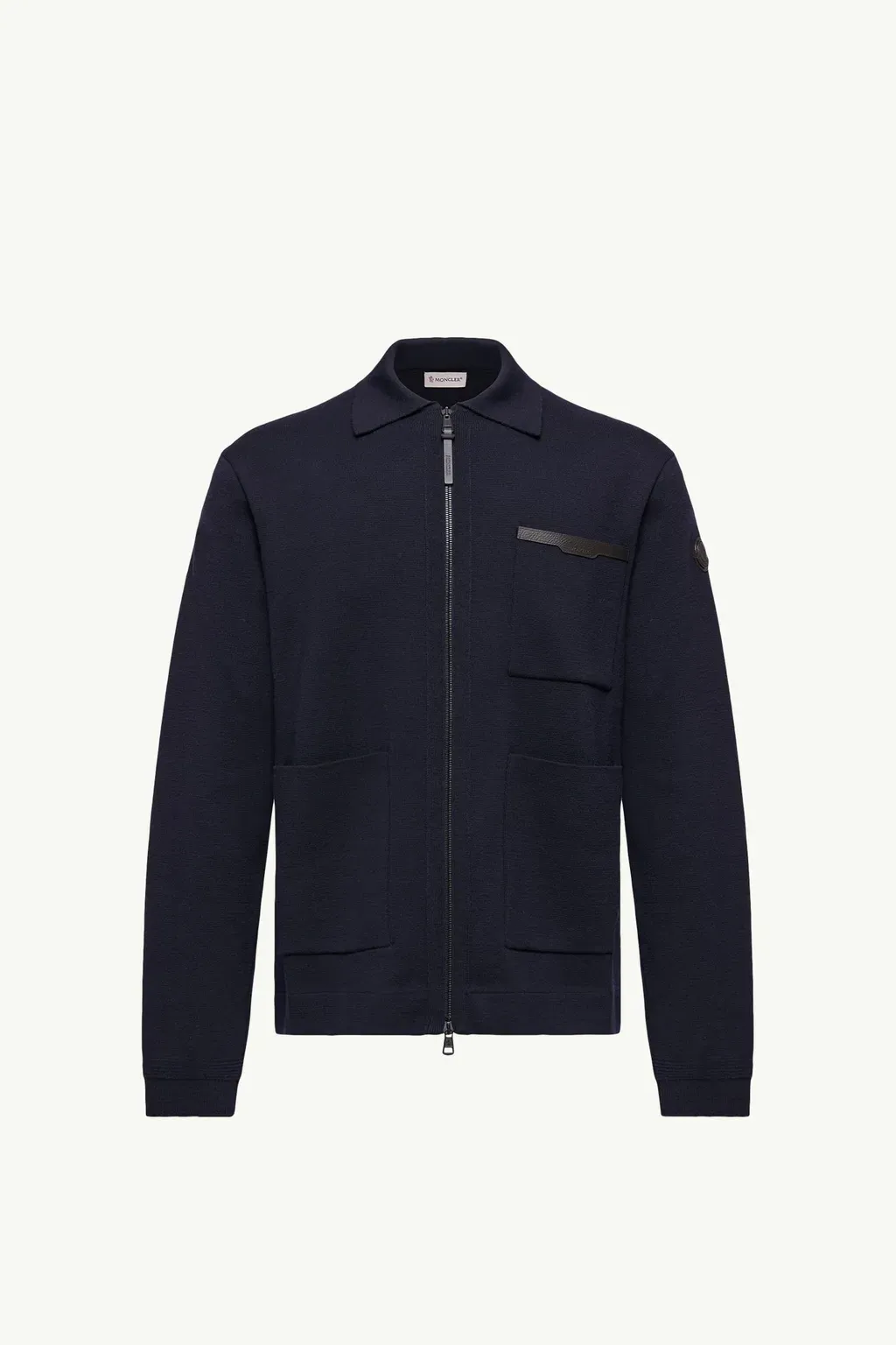 Leather Logo Wool Zip-Up Cardigan