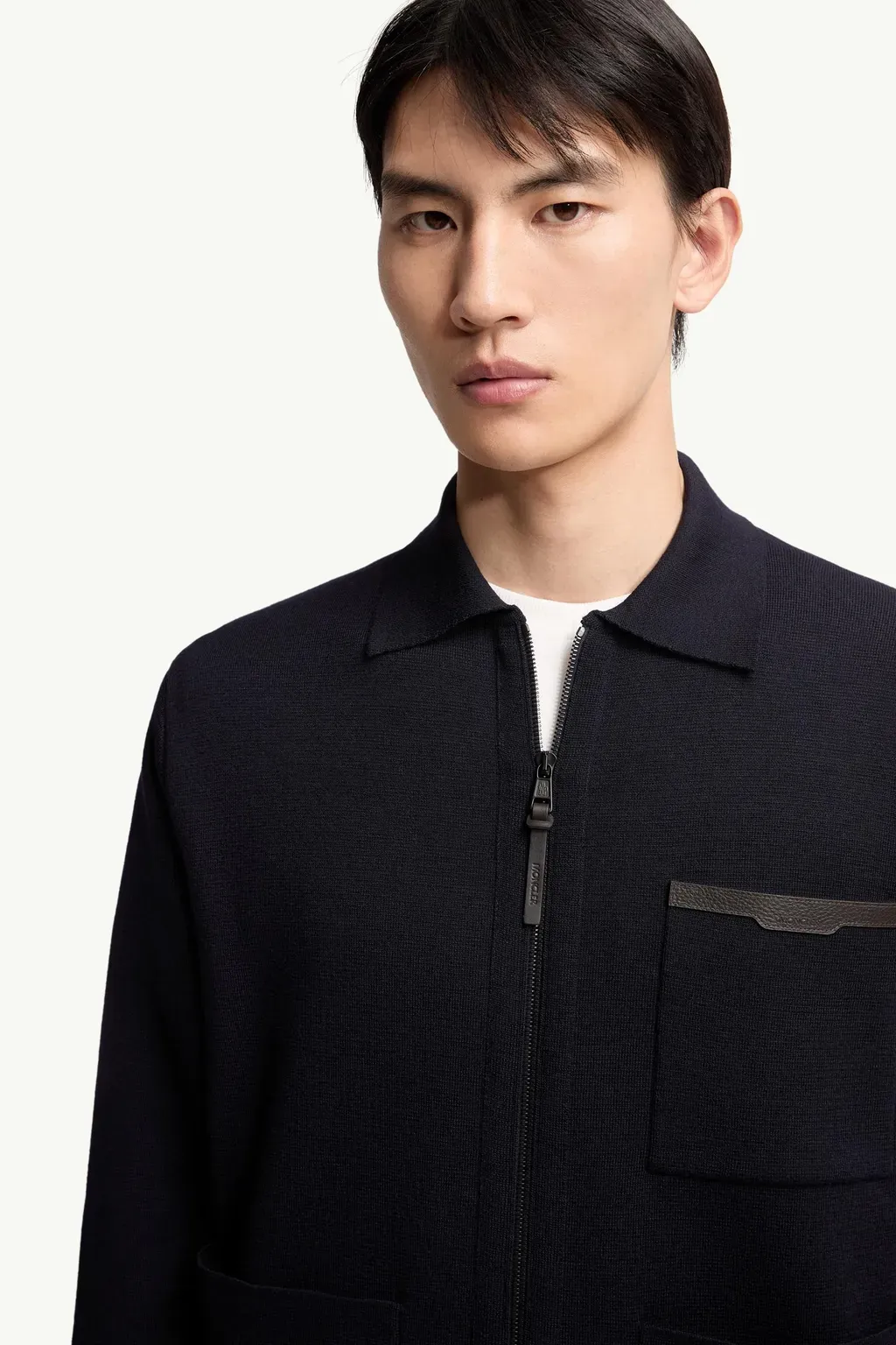 Leather Logo Wool Zip-Up Cardigan