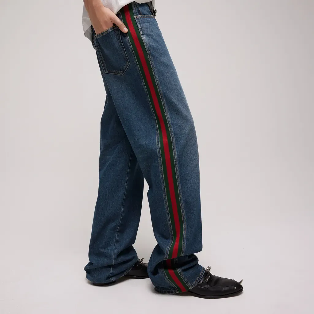 Cotton Denim Pants With Web Insert