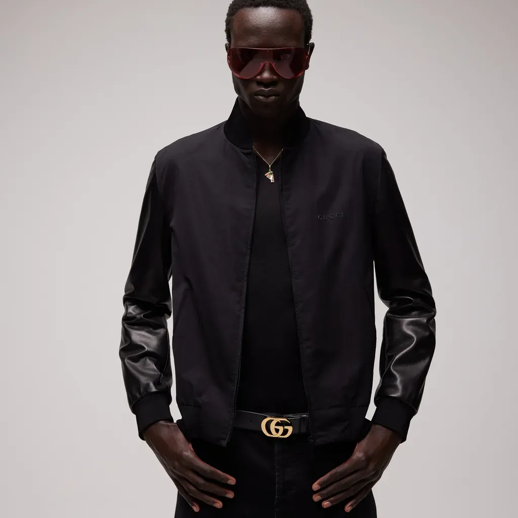 Fabric Bomber Jacket With Nappa Sleeves