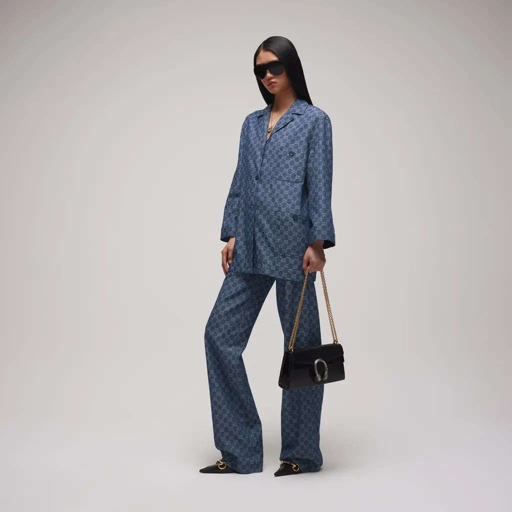 Gg Cotton Denim Jacquard Pants