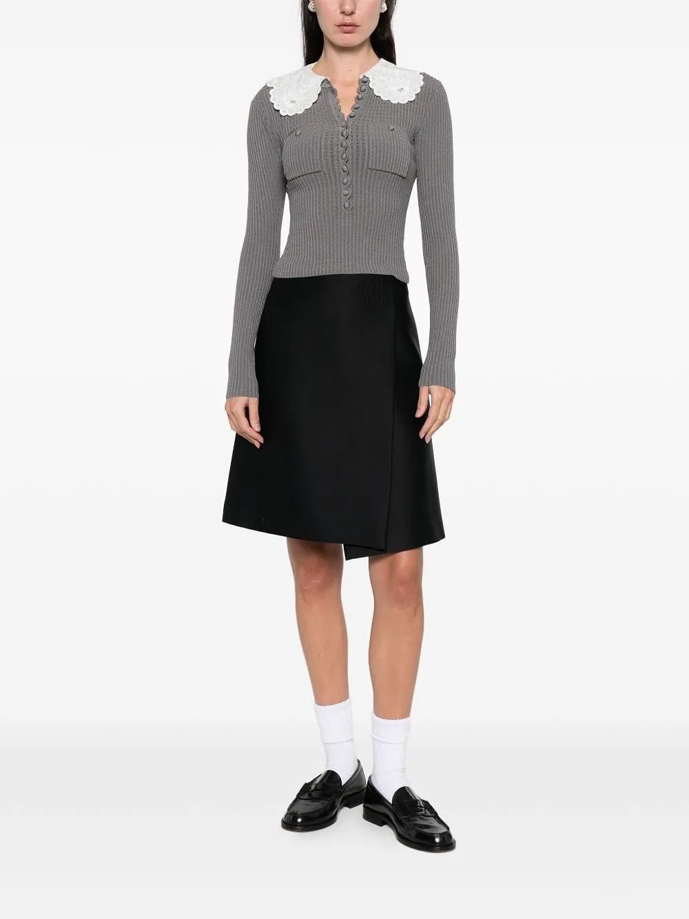 Self Portrait Ribbed Knit Sweater With Lace Collar
