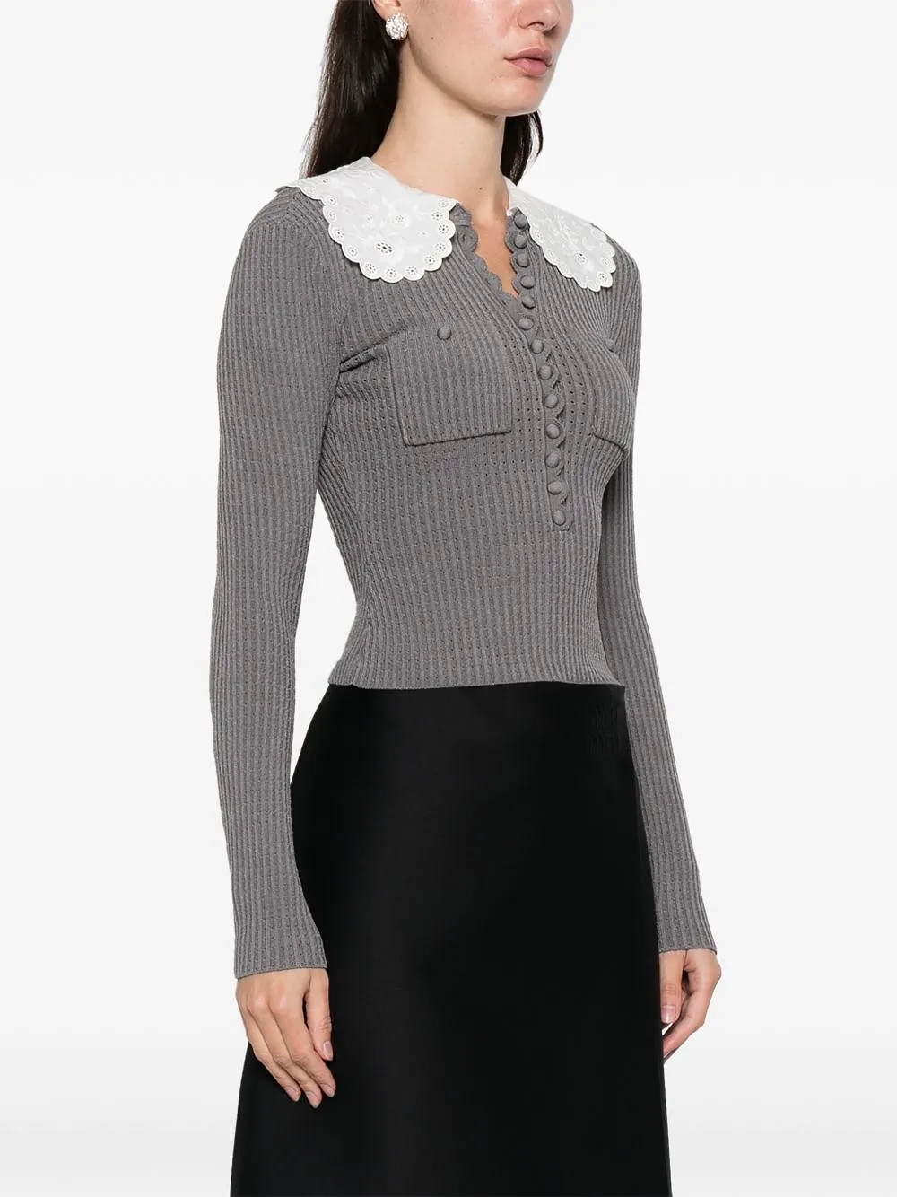 Self Portrait Ribbed Knit Sweater With Lace Collar