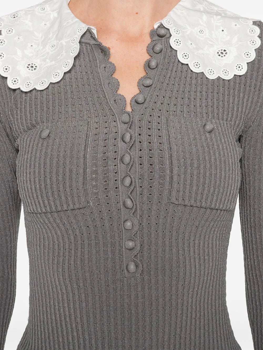 Self Portrait Ribbed Knit Sweater With Lace Collar