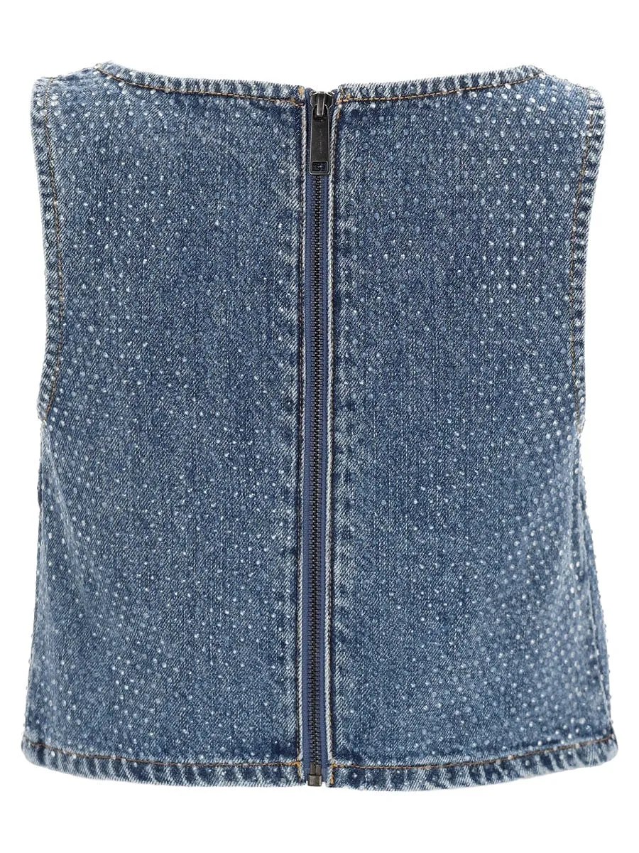 Self Portrait Denim Crop Top With Rhinestones