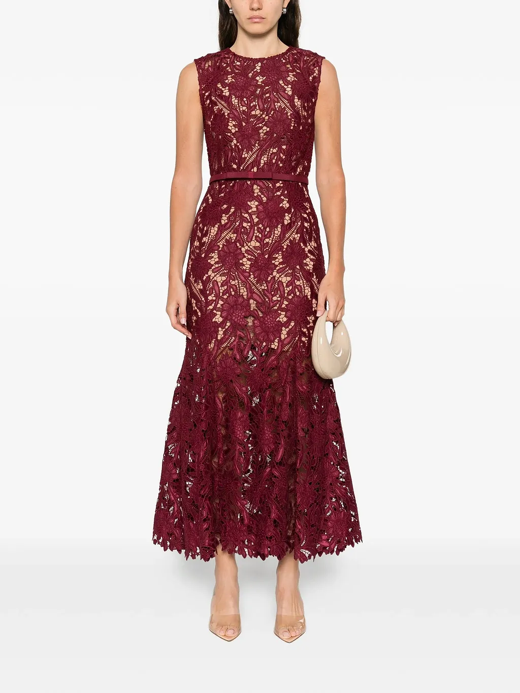 Self Portrait Burgundy Guipure Lace Midi Dress
