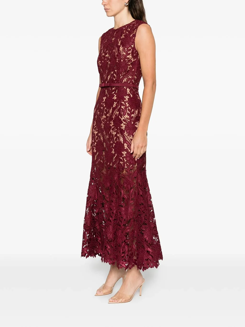Self Portrait Burgundy Guipure Lace Midi Dress