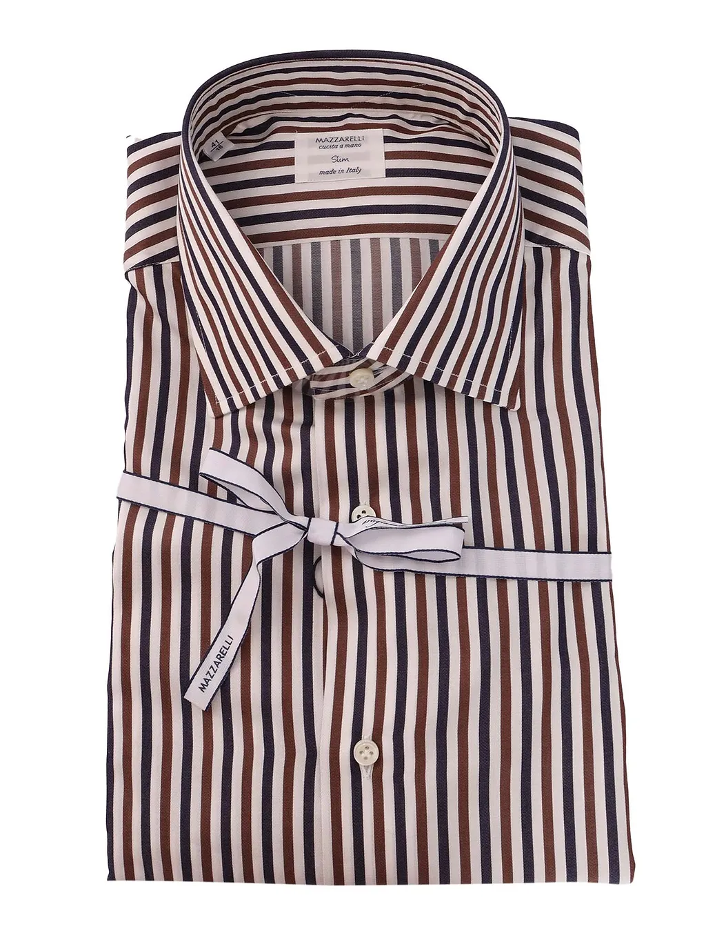 Mazzarelli Camicie Cotton Striped Shirt Brown, Blue And White Slim Fit
