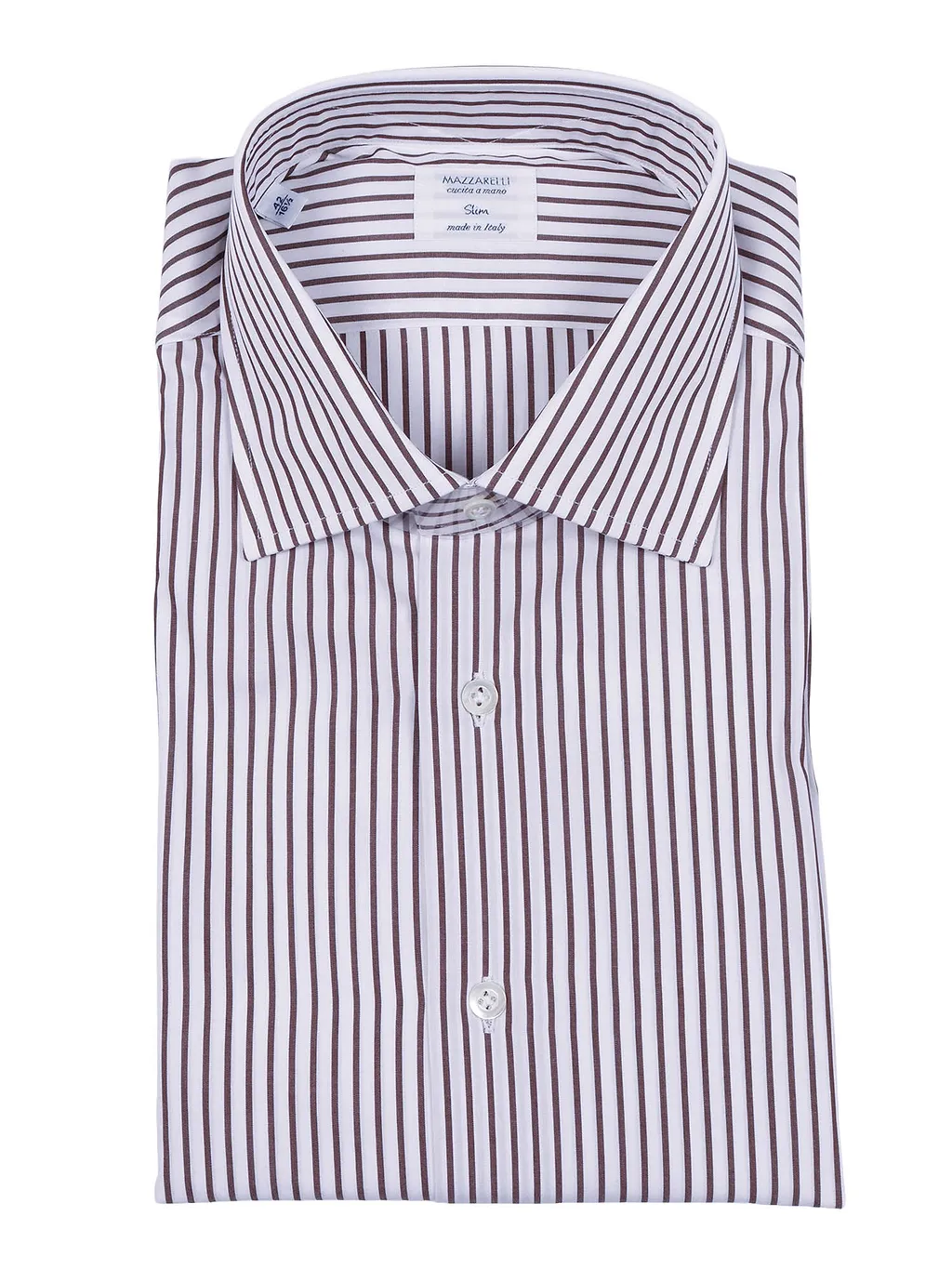 Mazzarelli Camicie Camicia In Cotone A Righe Marrone E Bianca Slim Fit